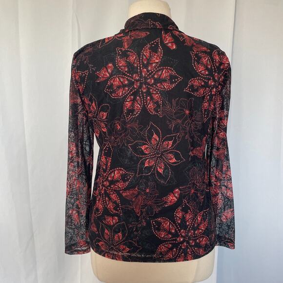 Y2K Top Womens Size Large Black Red Floral Mesh Fairy Grunge Whimsigoth Button - Picture 6 of 11